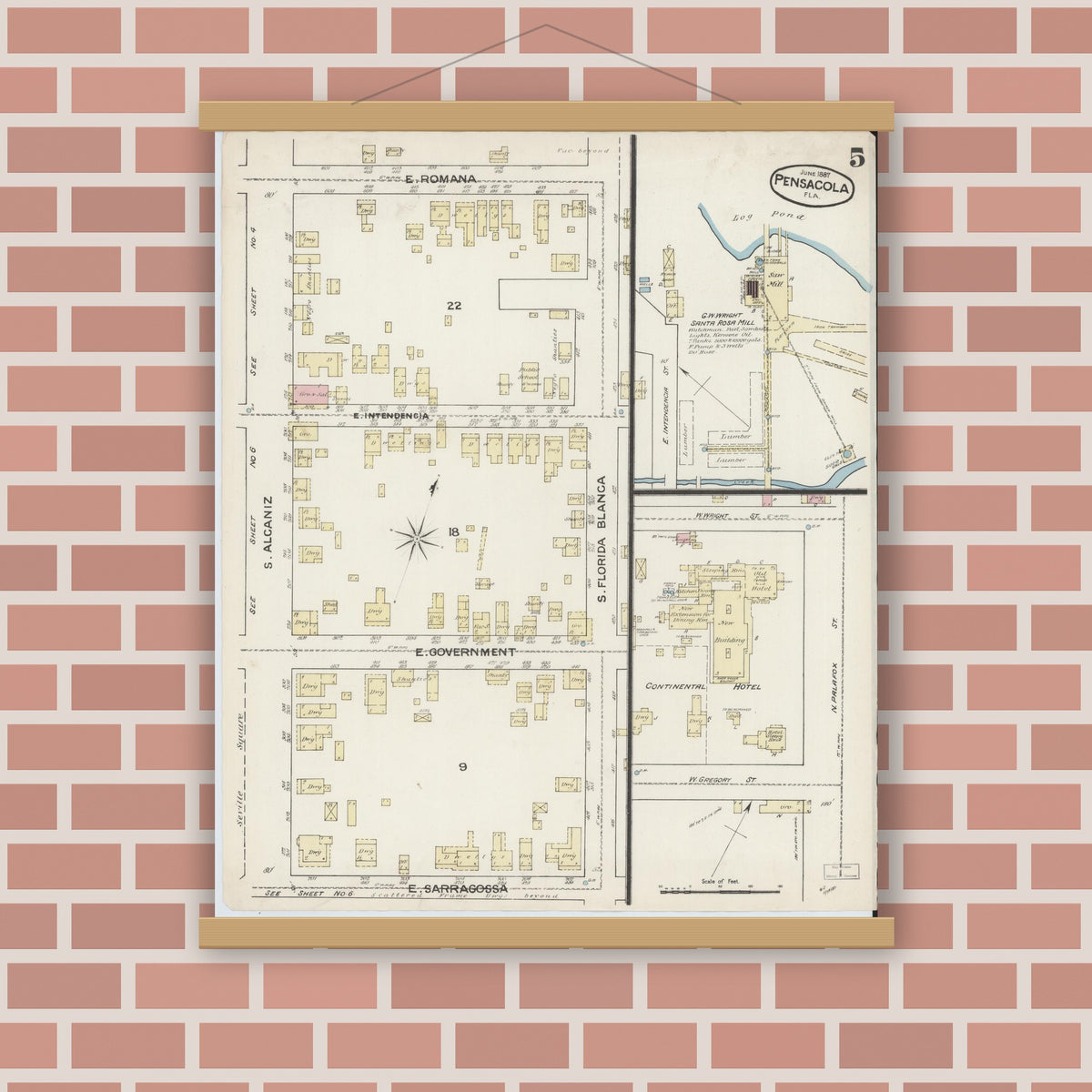 Old map wall art mockup — magnetic wood frame on brick wall — Sanborn Fire Insurance Map from Pensacola, Escambia County, Florida (1887), Sheet #0005
