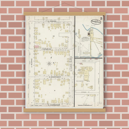 Old map wall art mockup — magnetic wood frame on brick wall — Sanborn Fire Insurance Map from Pensacola, Escambia County, Florida (1887), Sheet #0005