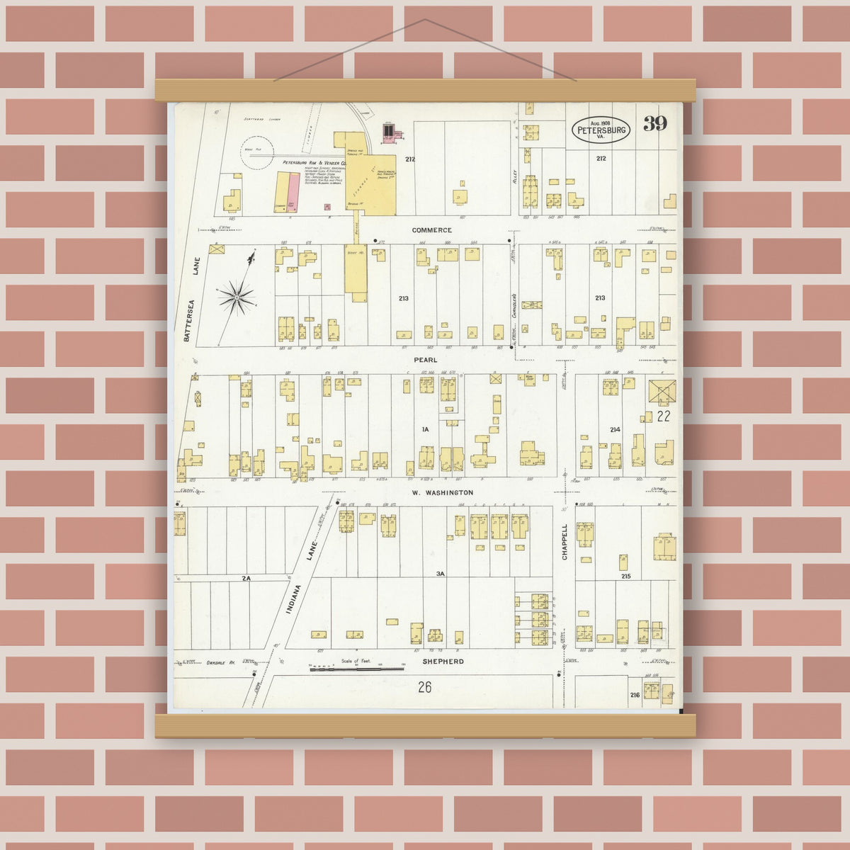 Old map wall art mockup — magnetic wood frame on brick wall — Sanborn Fire Insurance Map from Petersburg, Independent Cities, Virginia (1908), Sheet #0039