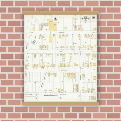 Old map wall art mockup — magnetic wood frame on brick wall — Sanborn Fire Insurance Map from Petersburg, Independent Cities, Virginia (1908), Sheet #0039
