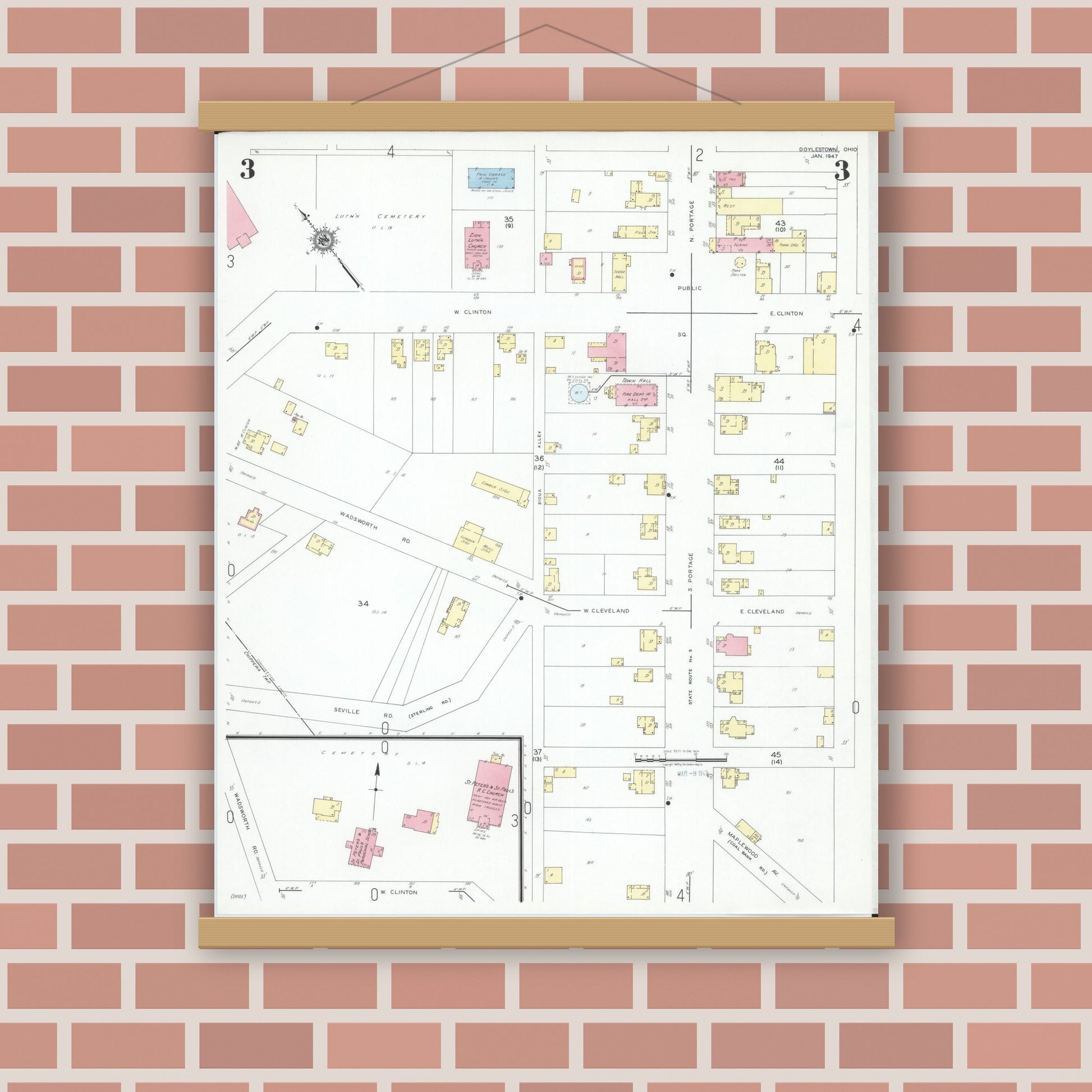 Old map wall art mockup — magnetic wood frame on brick wall — Sanborn Fire Insurance Map from Doylestown, Wayne County, Ohio (1947), Sheet #0003