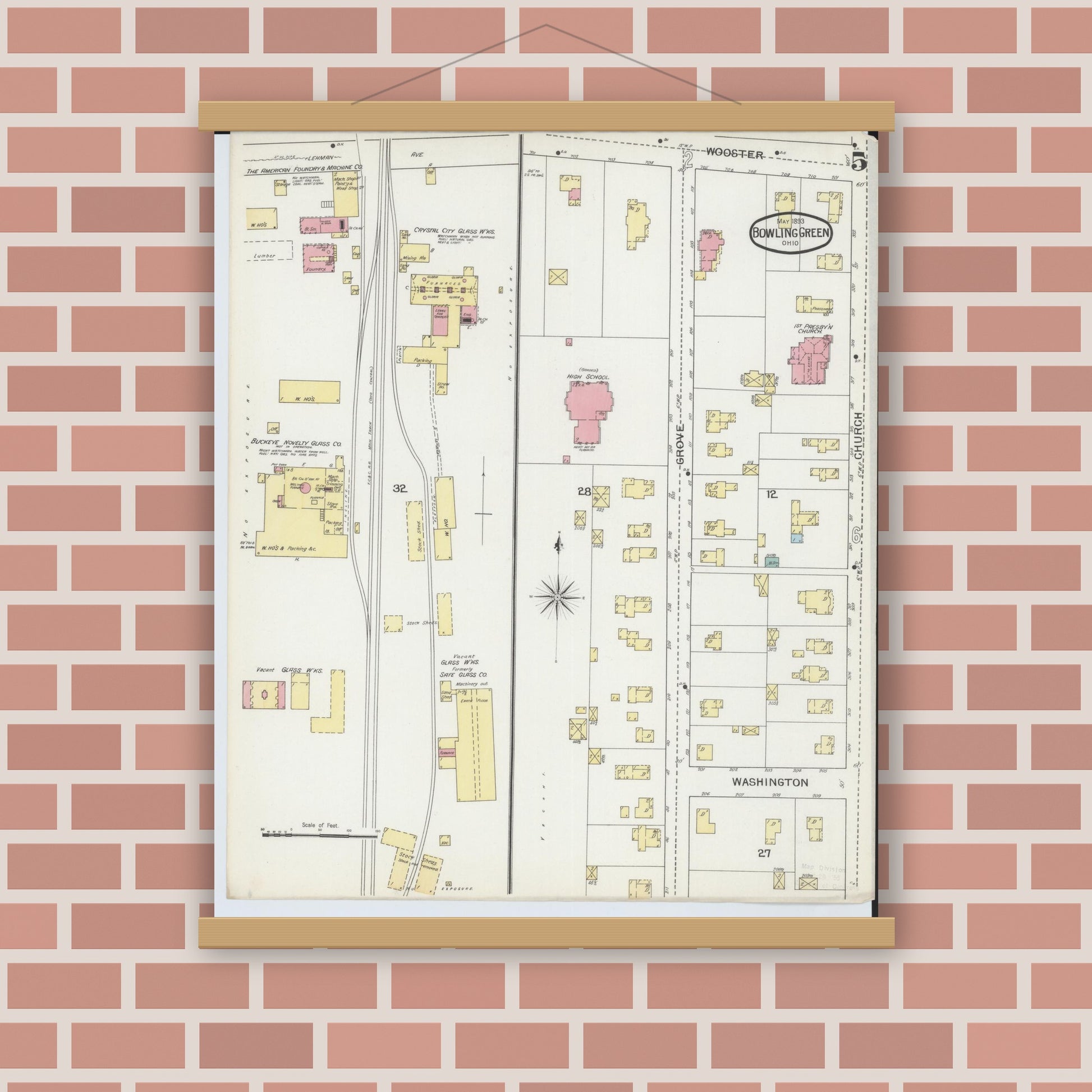 Old map wall art mockup — magnetic wood frame on brick wall — Sanborn Fire Insurance Map from Bowling Green, Wood County, Ohio (1893), Sheet #0005