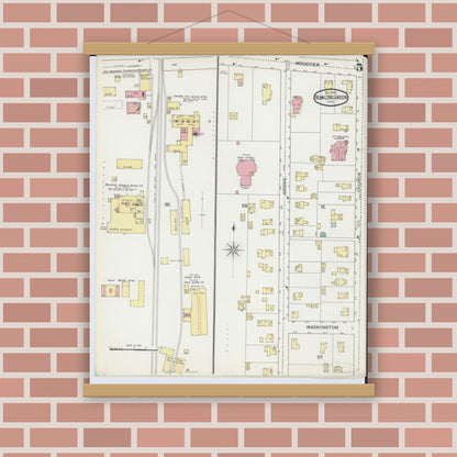 Old map wall art mockup — magnetic wood frame on brick wall — Sanborn Fire Insurance Map from Bowling Green, Wood County, Ohio (1893), Sheet #0005