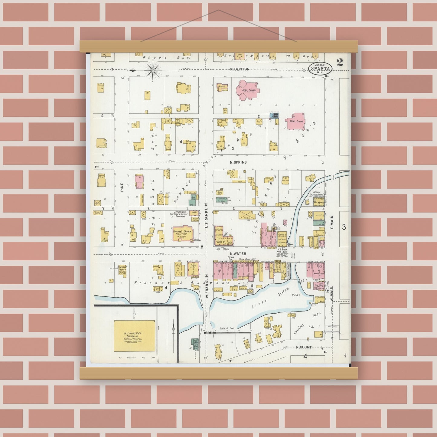 Old map wall art mockup — magnetic wood frame on brick wall — Sanborn Fire Insurance Map from Sparta, Monroe County, Wisconsin (1900), Sheet #0002