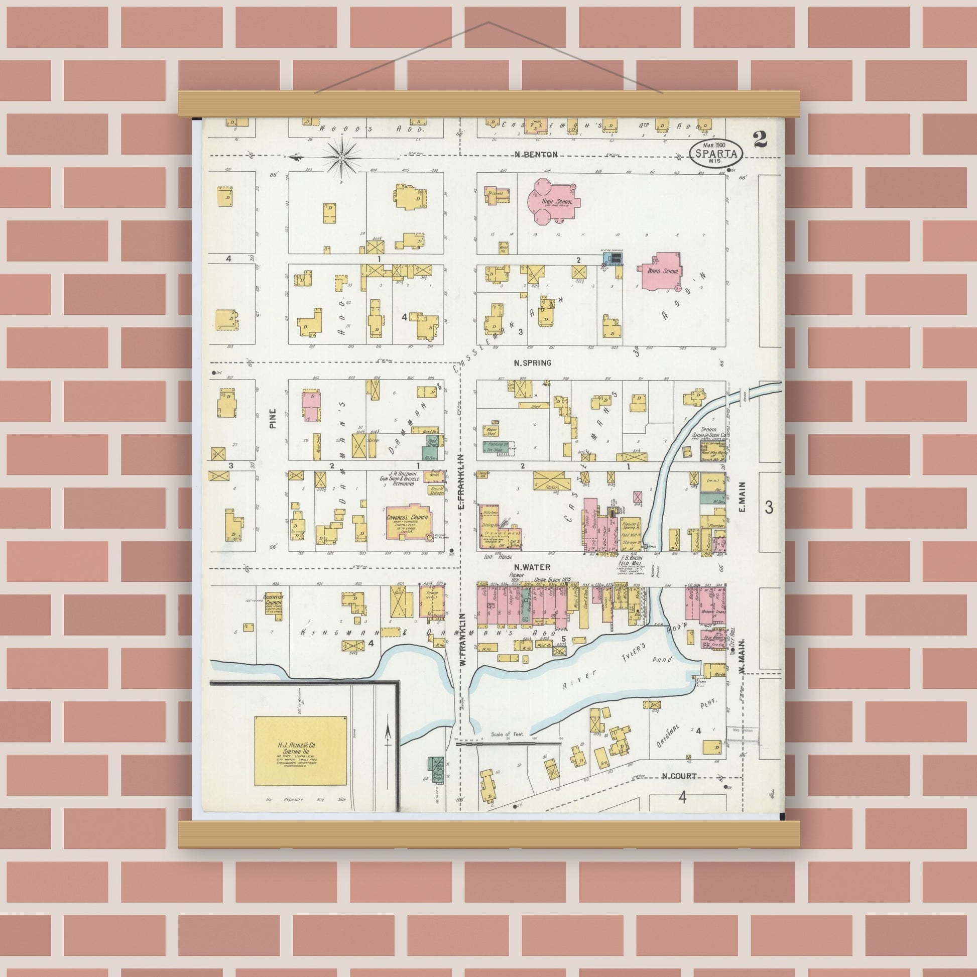 Old map wall art mockup — magnetic wood frame on brick wall — Sanborn Fire Insurance Map from Sparta, Monroe County, Wisconsin (1900), Sheet #0002