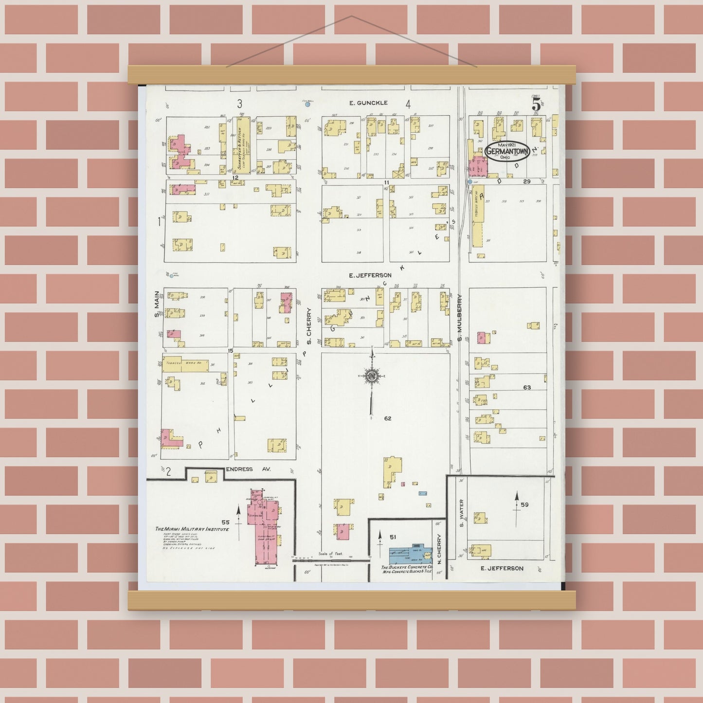 Old map wall art mockup — magnetic wood frame on brick wall — Sanborn Fire Insurance Map from Germantown, Montgomery County, Ohio (1921), Sheet #0005