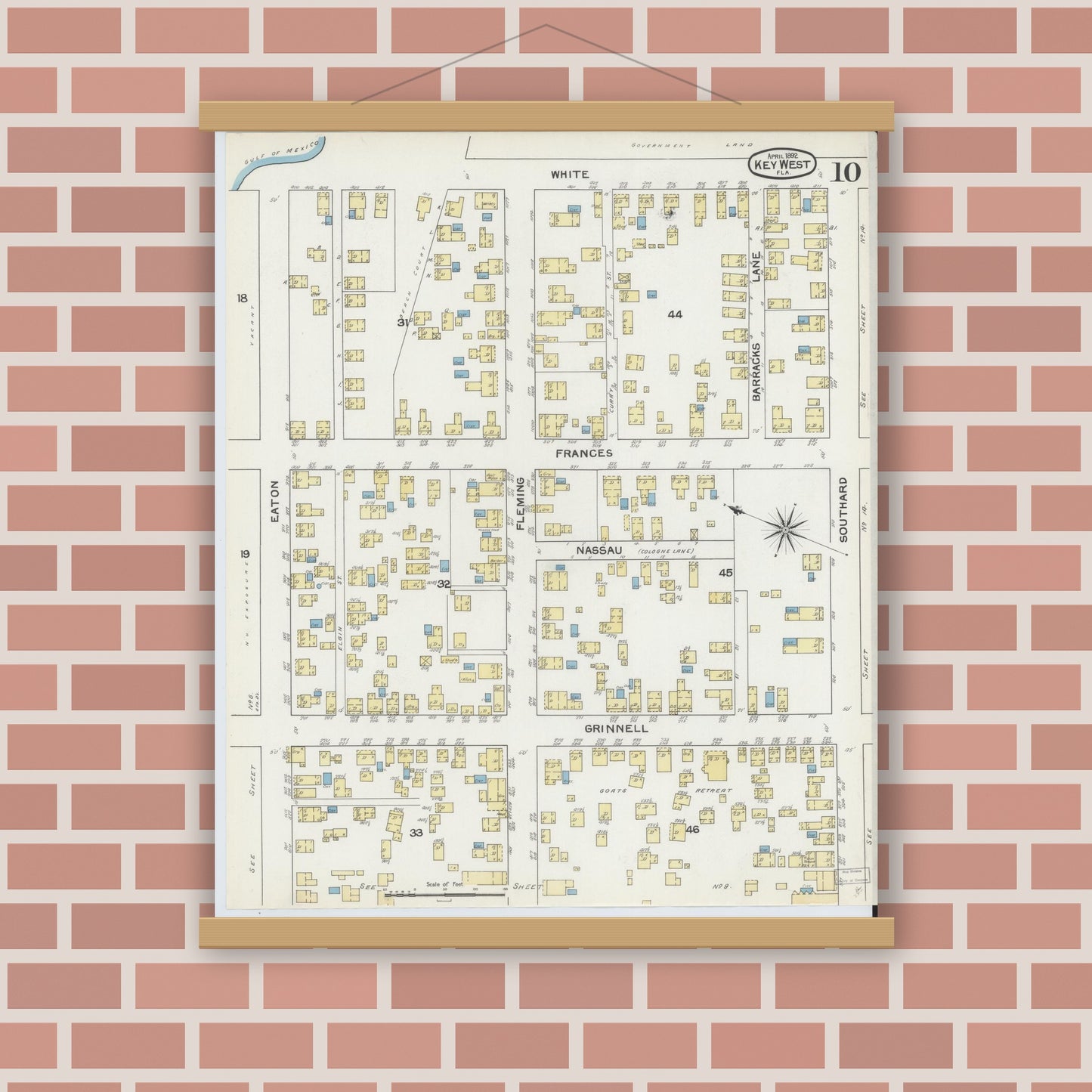 Old map wall art mockup — magnetic wood frame on brick wall — Sanborn Fire Insurance Map from Key West, Monroe County, Florida (1892), Sheet #0010
