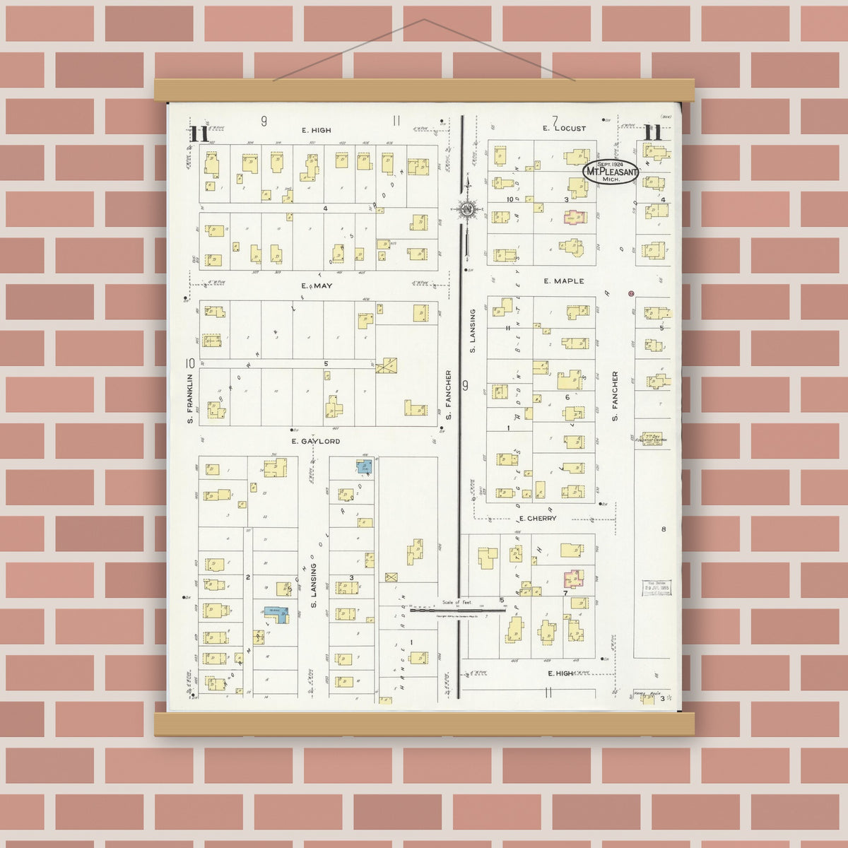 Old map wall art mockup — magnetic wood frame on brick wall — Sanborn Fire Insurance Map from Mount Pleasant, Isabella County, Michigan (1924), Sheet #0011