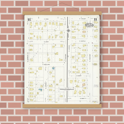 Old map wall art mockup — magnetic wood frame on brick wall — Sanborn Fire Insurance Map from Mount Pleasant, Isabella County, Michigan (1924), Sheet #0011