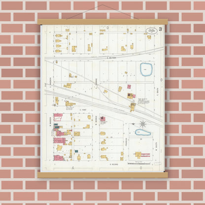 Old map wall art mockup — magnetic wood frame on brick wall — Sanborn Fire Insurance Map from Girard, Macoupin County, Illinois (1906), Sheet #0003