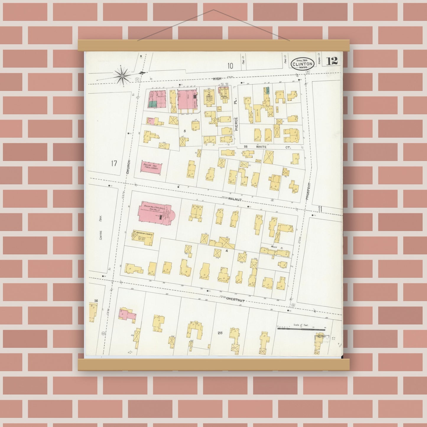Old map wall art mockup — magnetic wood frame on brick wall — Sanborn Fire Insurance Map from Clinton, Worcester County, Massachusetts (1904), Sheet #0012
