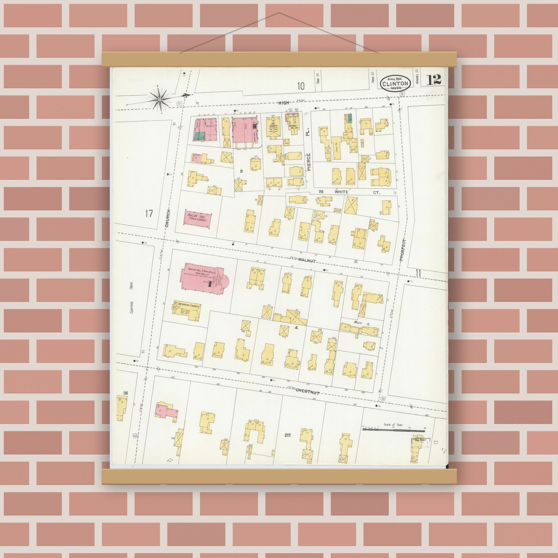 Old map wall art mockup — magnetic wood frame on brick wall — Sanborn Fire Insurance Map from Clinton, Worcester County, Massachusetts (1904), Sheet #0012