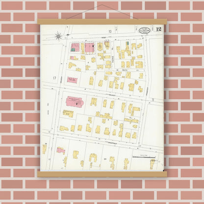 Old map wall art mockup — magnetic wood frame on brick wall — Sanborn Fire Insurance Map from Clinton, Worcester County, Massachusetts (1904), Sheet #0012