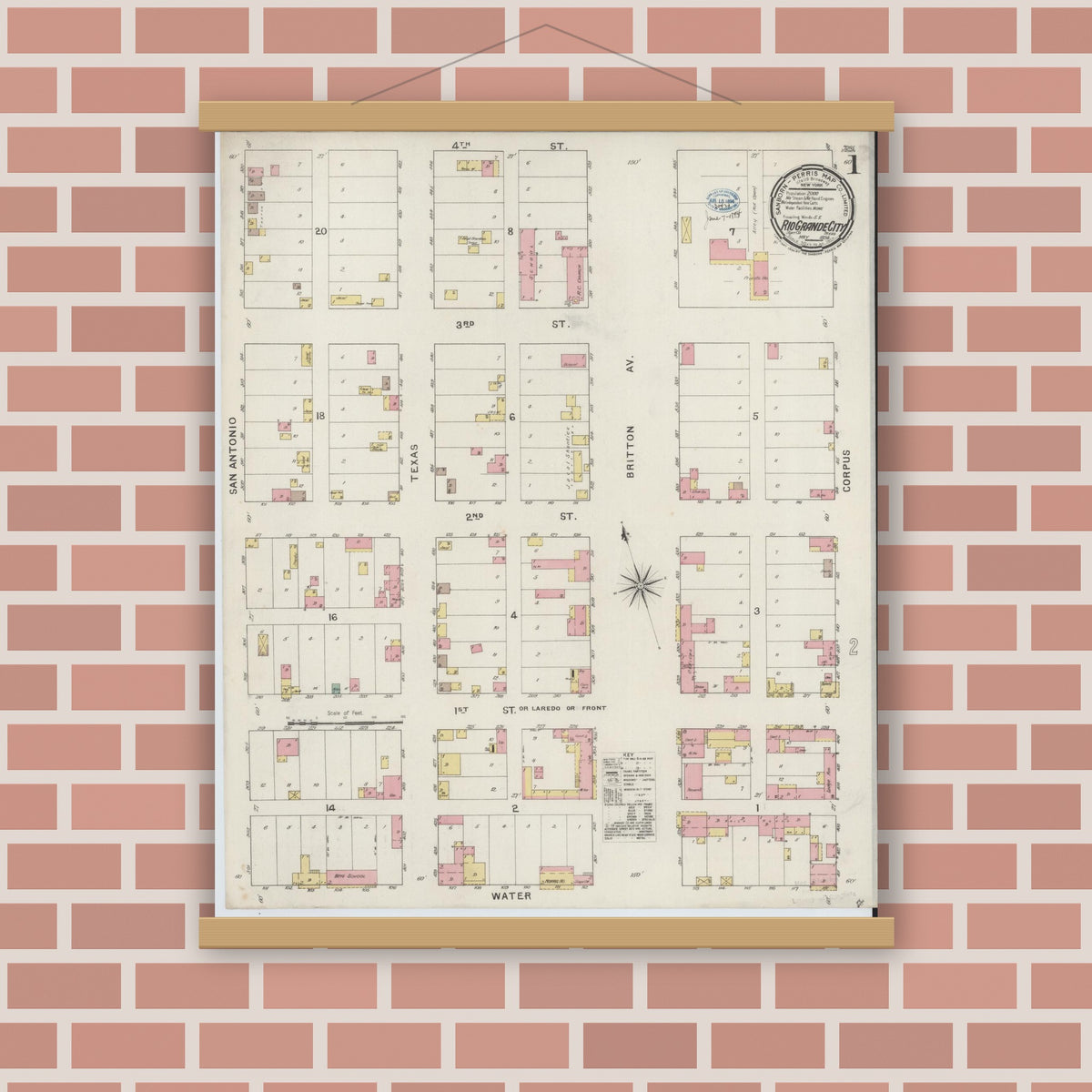 Old map wall art mockup — magnetic wood frame on brick wall — Sanborn Fire Insurance Map from Rio Grande City, Starr County, Texas (1894), Sheet #0001