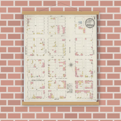 Old map wall art mockup — magnetic wood frame on brick wall — Sanborn Fire Insurance Map from Rio Grande City, Starr County, Texas (1894), Sheet #0001