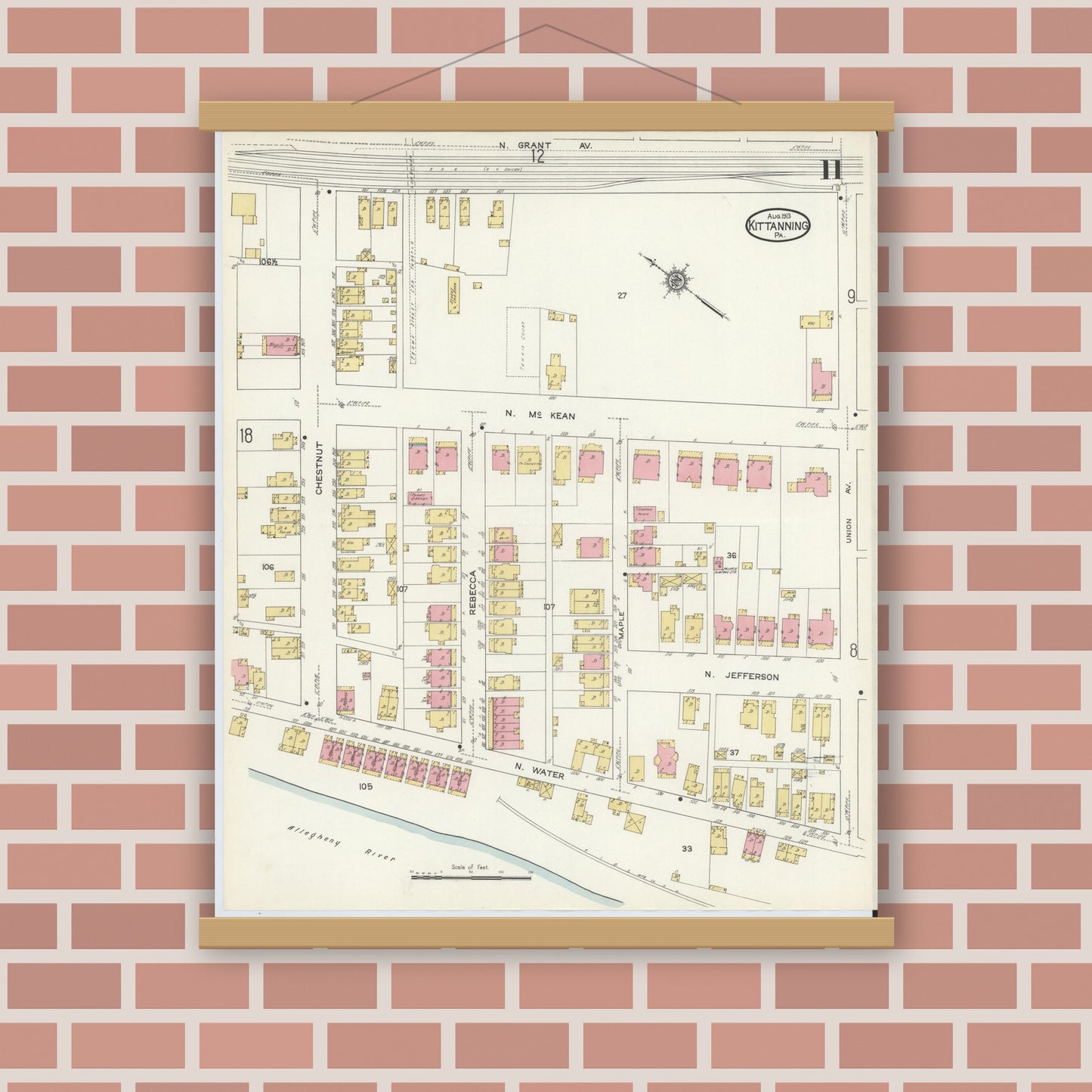 Old map wall art mockup — magnetic wood frame on brick wall — Sanborn Fire Insurance Map from Kittanning, Armstrong County, Pennsylvania (1913), Sheet #0011