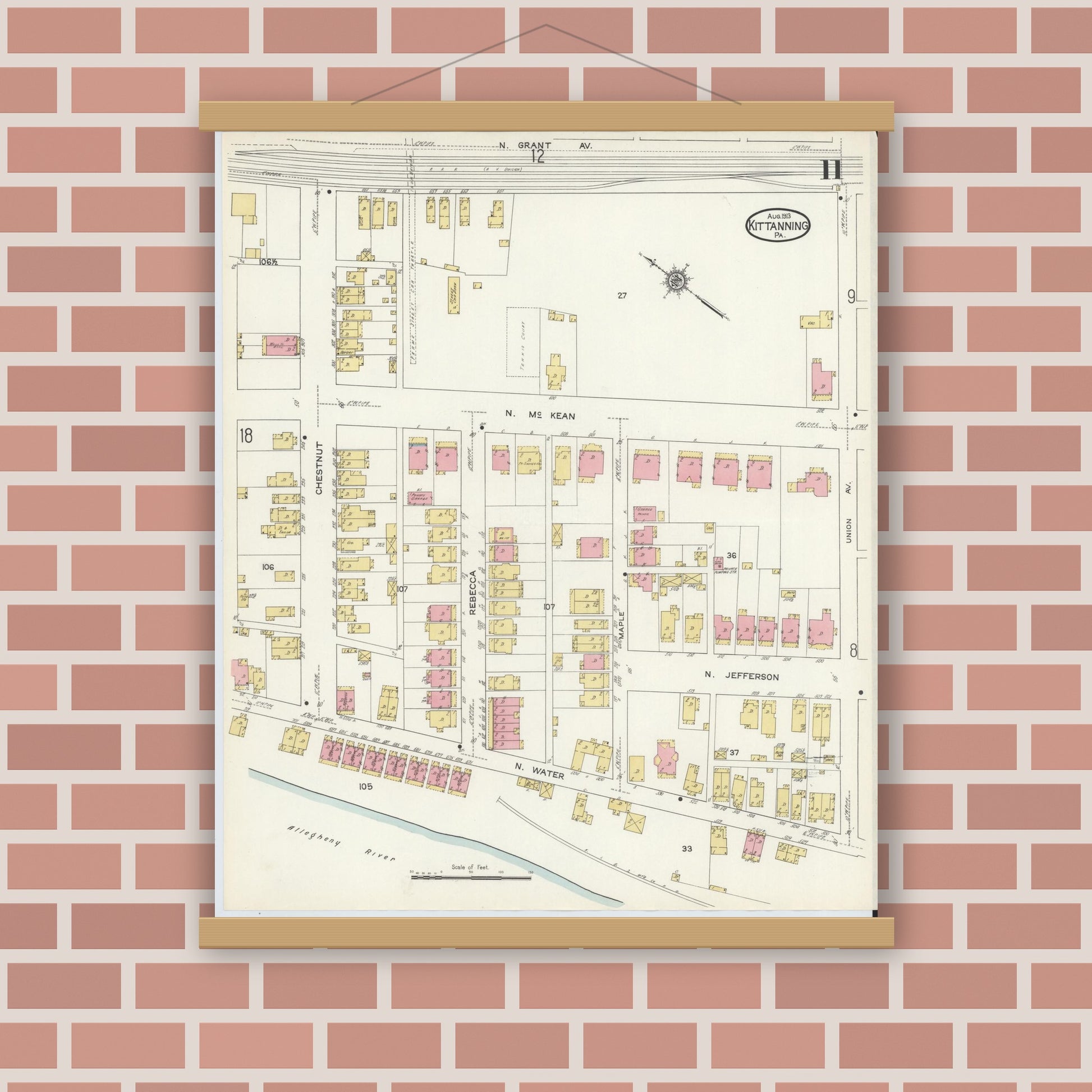Old map wall art mockup — magnetic wood frame on brick wall — Sanborn Fire Insurance Map from Kittanning, Armstrong County, Pennsylvania (1913), Sheet #0011