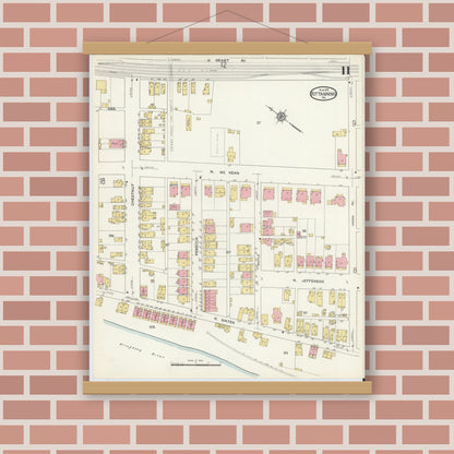 Old map wall art mockup — magnetic wood frame on brick wall — Sanborn Fire Insurance Map from Kittanning, Armstrong County, Pennsylvania (1913), Sheet #0011