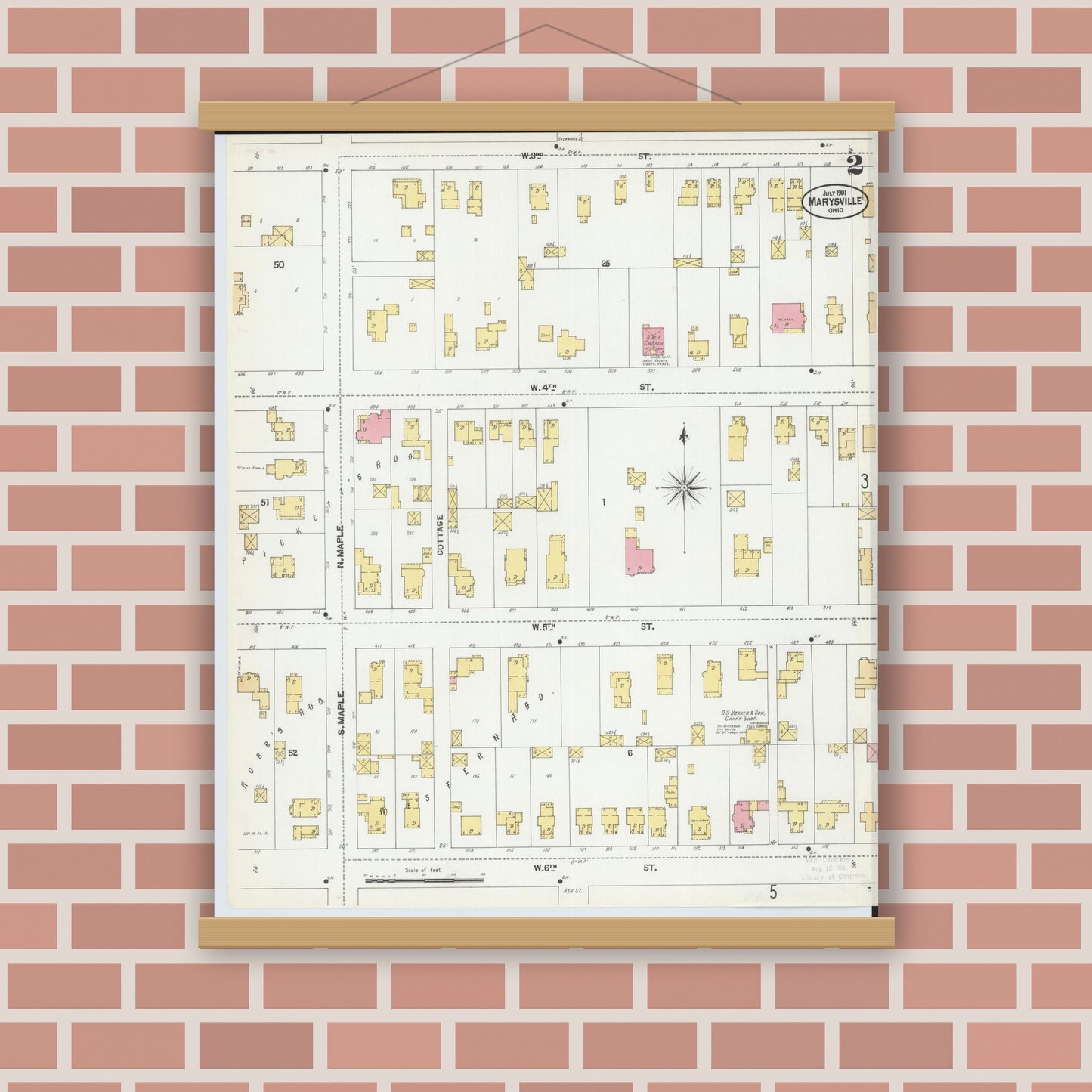 Old map wall art mockup — magnetic wood frame on brick wall — Sanborn Fire Insurance Map from Marysville, Union County, Ohio (1901), Sheet #0002