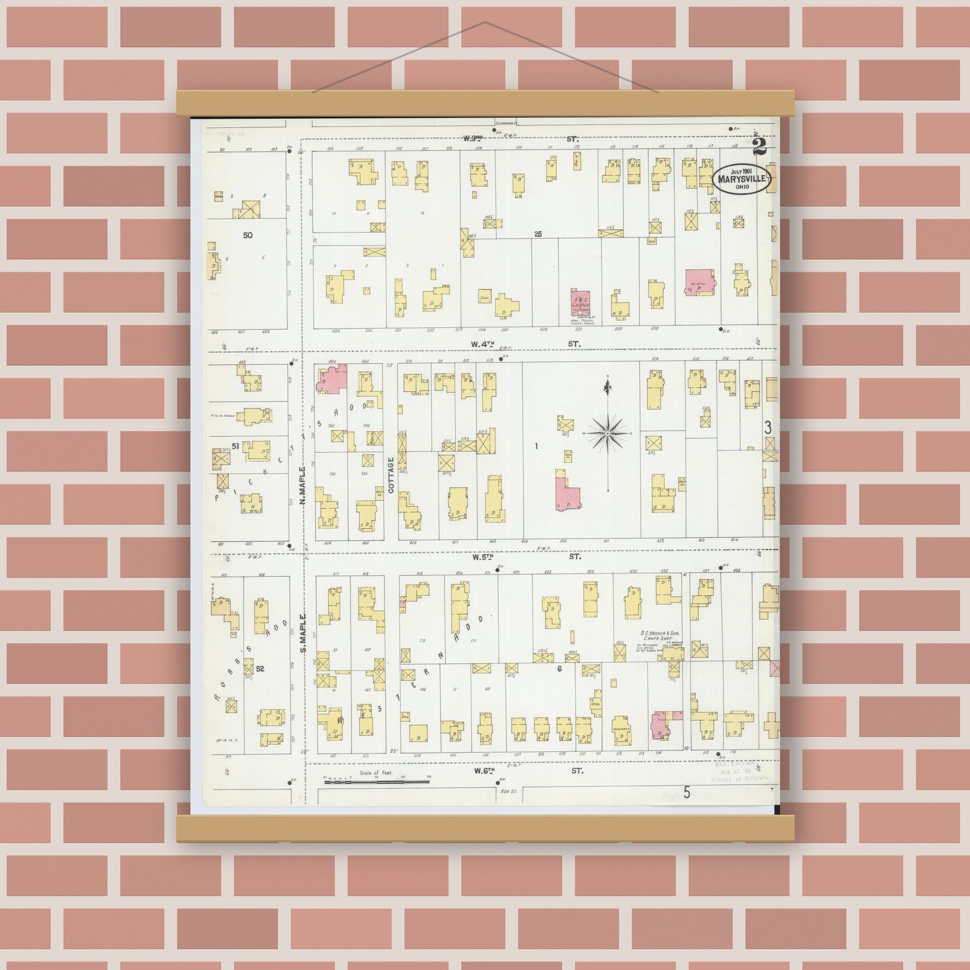 Old map wall art mockup — magnetic wood frame on brick wall — Sanborn Fire Insurance Map from Marysville, Union County, Ohio (1901), Sheet #0002