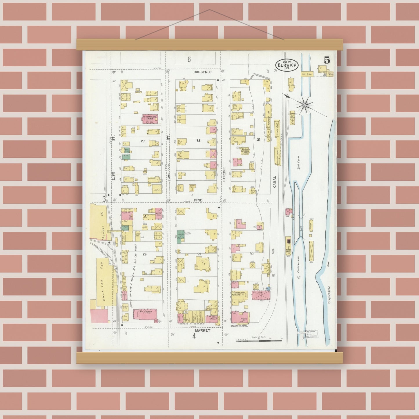 Old map wall art mockup — magnetic wood frame on brick wall — Sanborn Fire Insurance Map from Berwick, Columbia County, Pennsylvania (1901), Sheet #0005