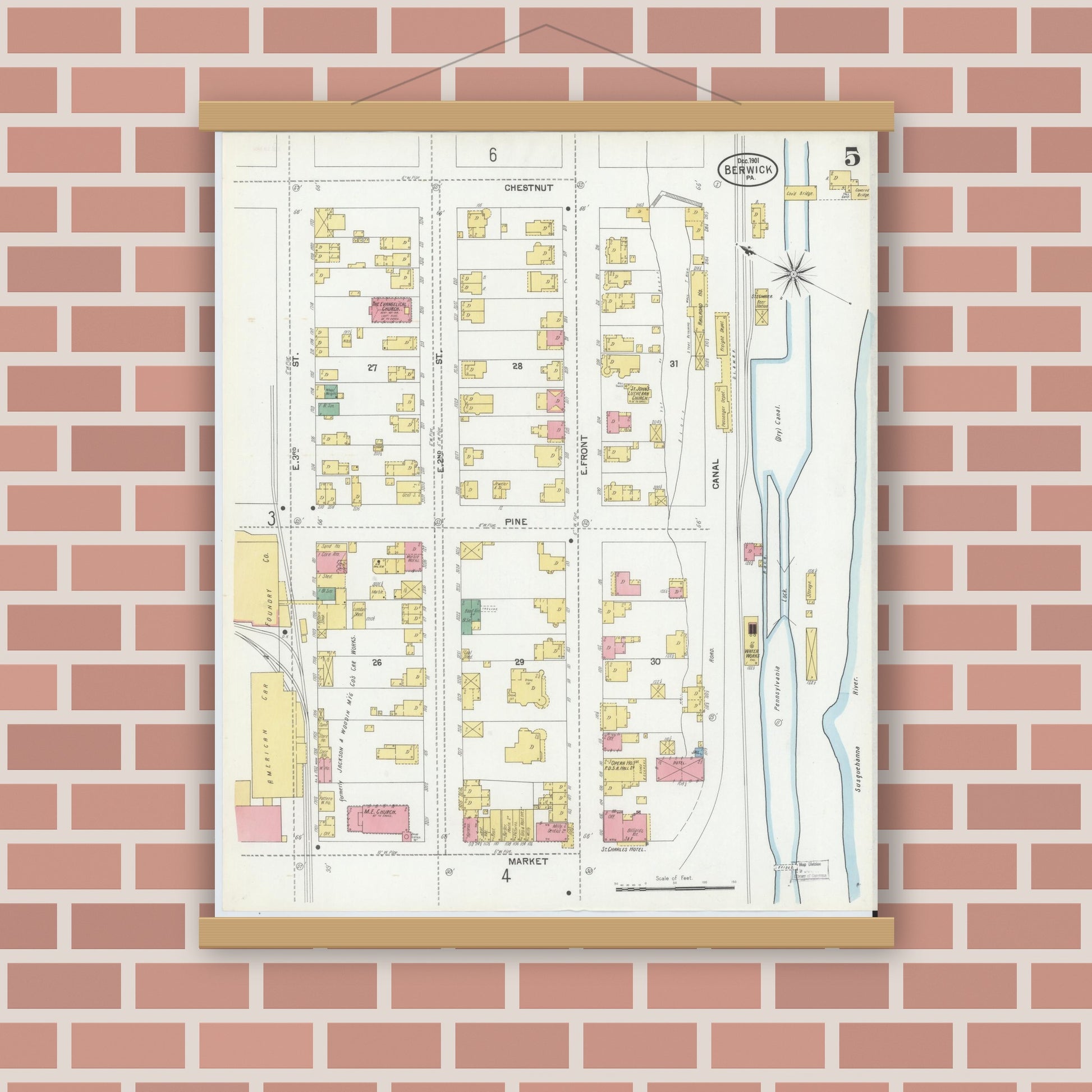 Old map wall art mockup — magnetic wood frame on brick wall — Sanborn Fire Insurance Map from Berwick, Columbia County, Pennsylvania (1901), Sheet #0005