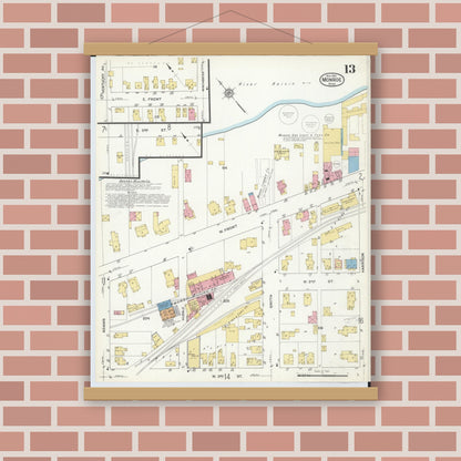 Old map wall art mockup — magnetic wood frame on brick wall — Sanborn Fire Insurance Map from Monroe, Monroe County, Michigan (1916), Sheet #0013