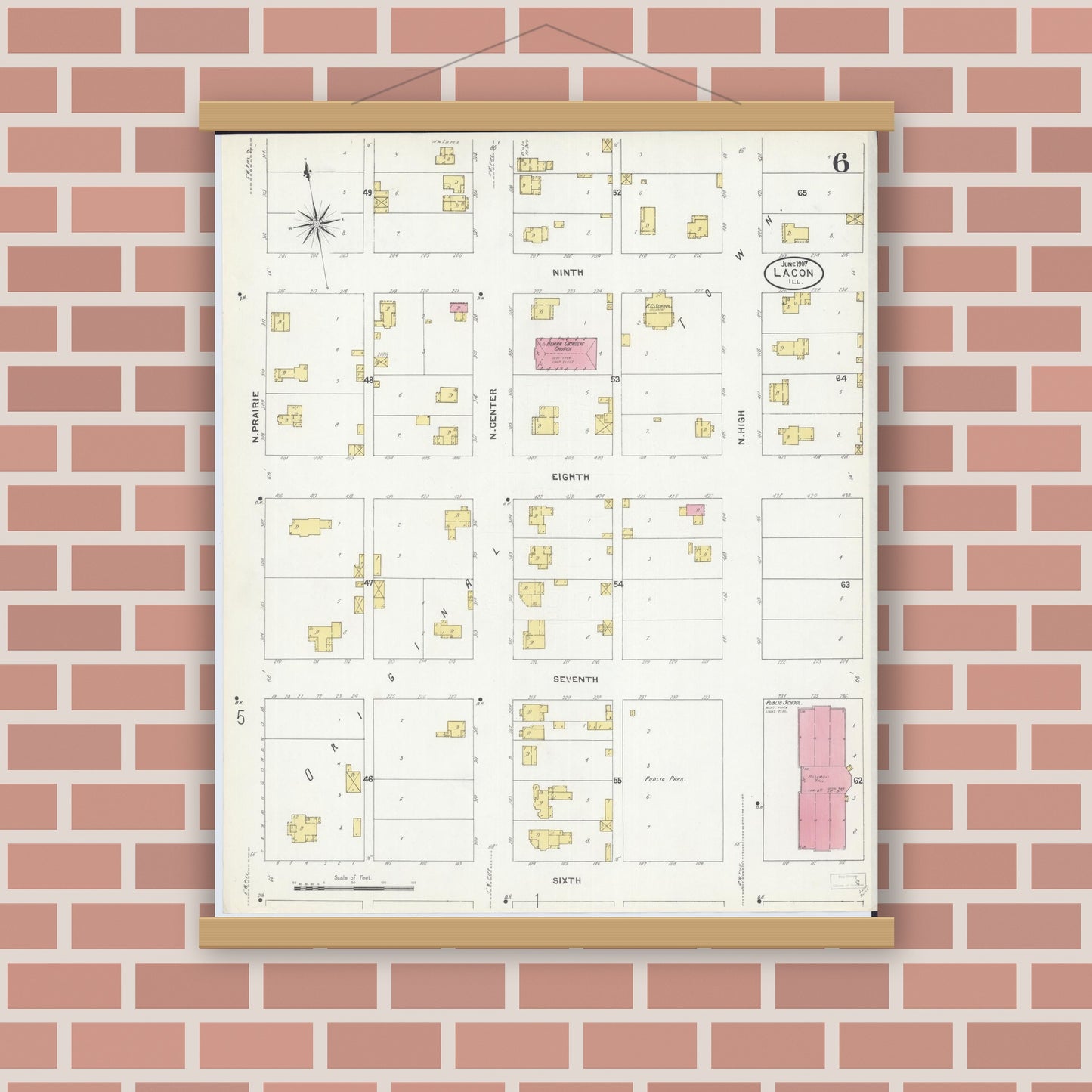 Old map wall art mockup — magnetic wood frame on brick wall — Sanborn Fire Insurance Map from Lacon, Marshall County, Illinois (1907), Sheet #0006