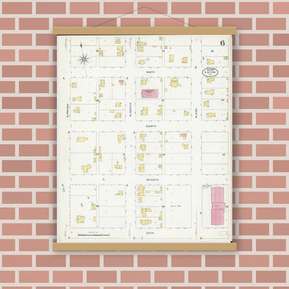 Old map wall art mockup — magnetic wood frame on brick wall — Sanborn Fire Insurance Map from Lacon, Marshall County, Illinois (1907), Sheet #0006
