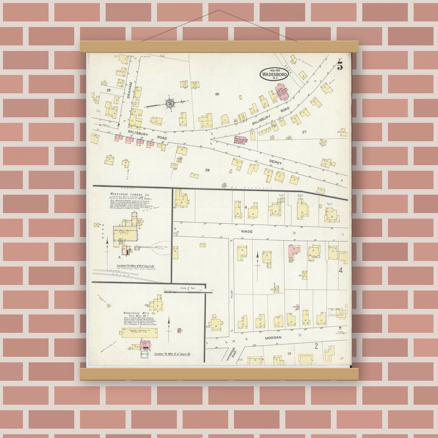 Old map wall art mockup — magnetic wood frame on brick wall — Sanborn Fire Insurance Map from Wadesboro, Anson County, North Carolina (1914), Sheet #0005