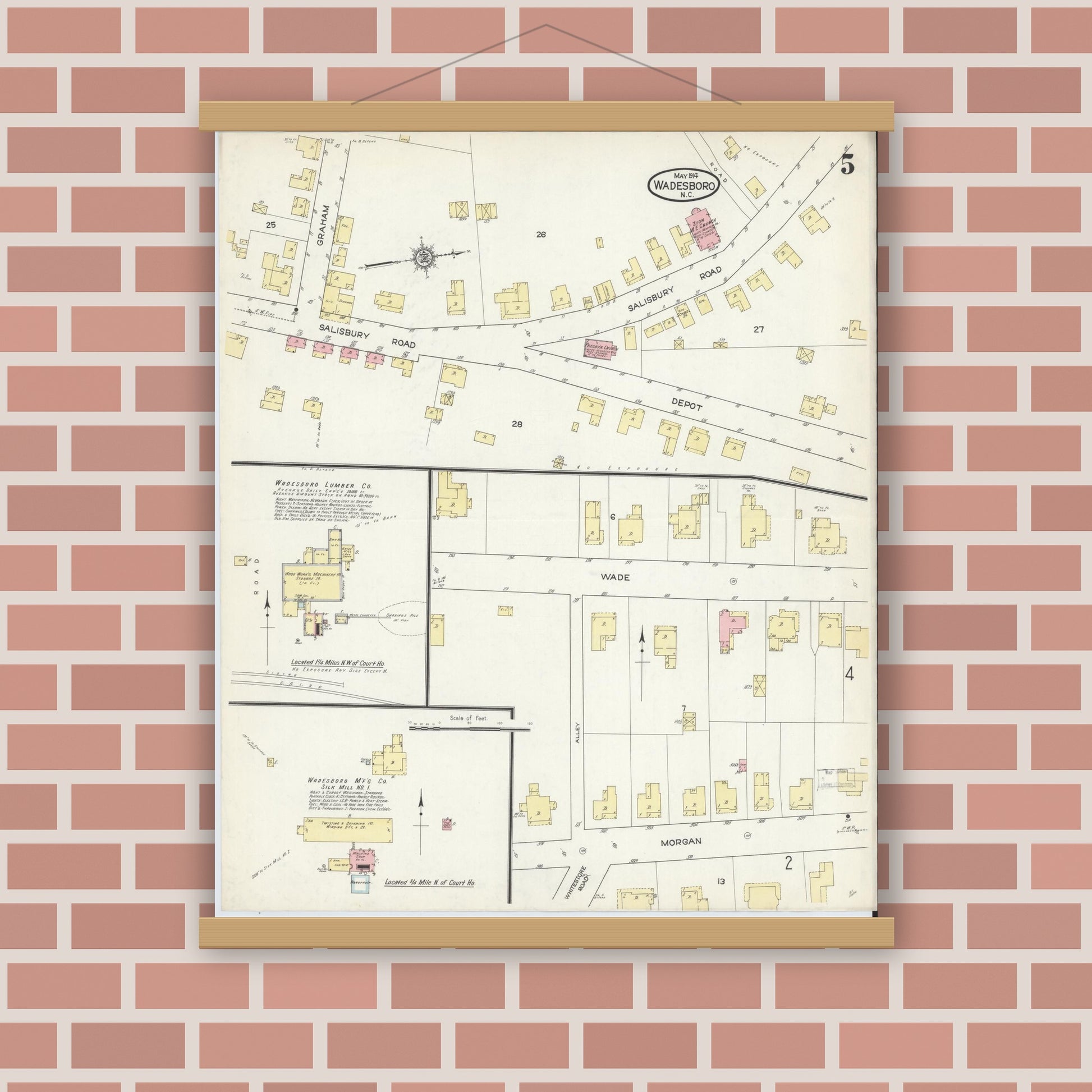 Old map wall art mockup — magnetic wood frame on brick wall — Sanborn Fire Insurance Map from Wadesboro, Anson County, North Carolina (1914), Sheet #0005