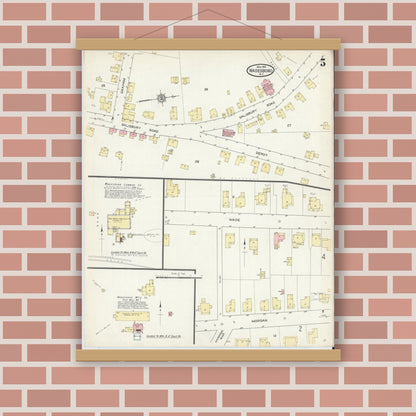 Old map wall art mockup — magnetic wood frame on brick wall — Sanborn Fire Insurance Map from Wadesboro, Anson County, North Carolina (1914), Sheet #0005