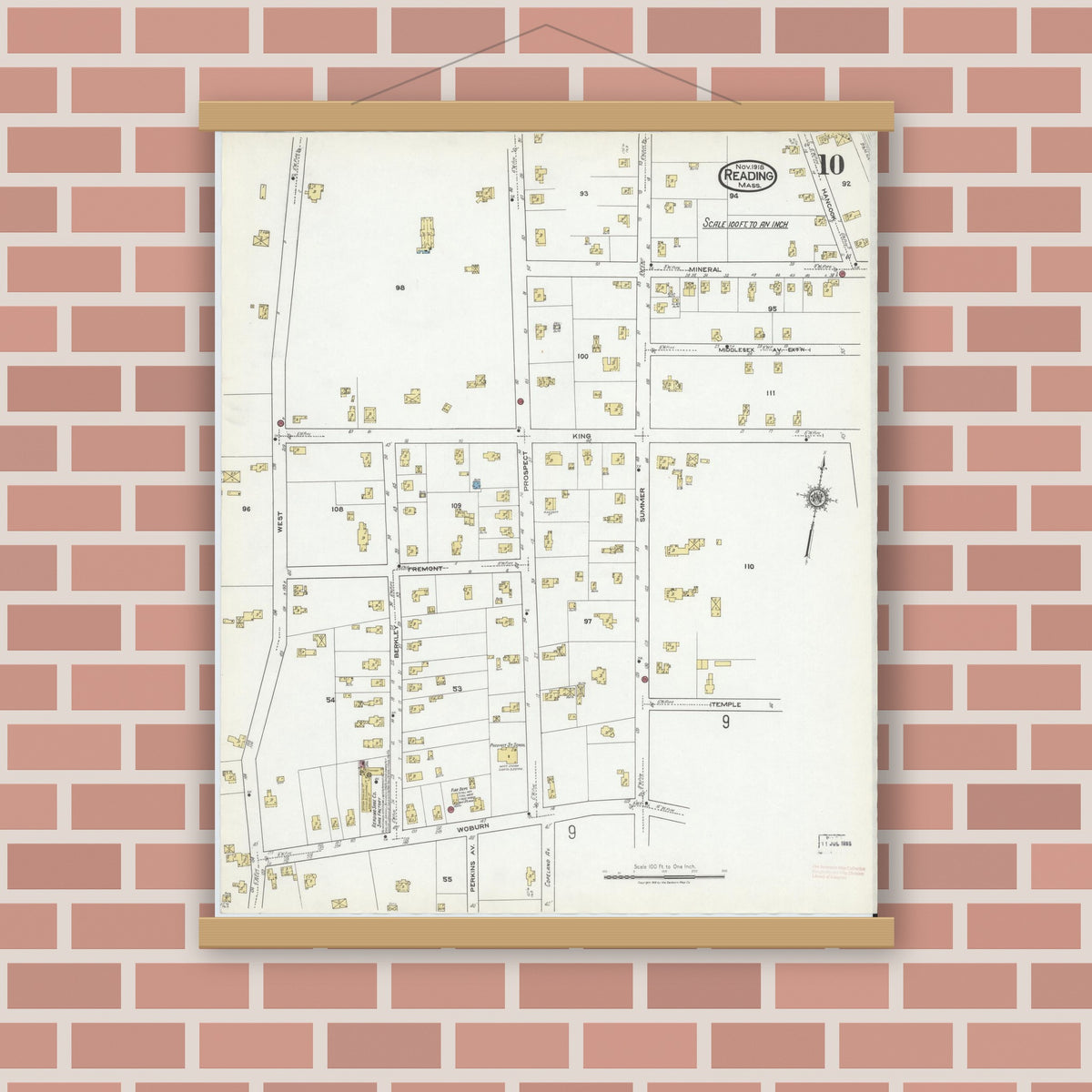 Old map wall art mockup — magnetic wood frame on brick wall — Sanborn Fire Insurance Map from Reading, Middlesex County, Massachusetts (1918), Sheet #0010