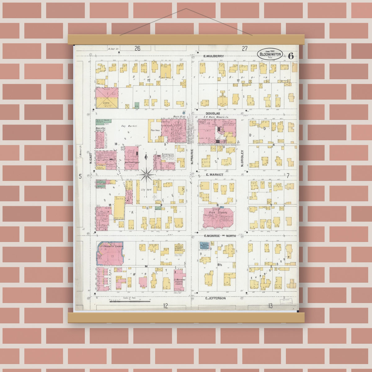 Old map wall art mockup — magnetic wood frame on brick wall — Sanborn Fire Insurance Map from Bloomington, McLean County, Illinois (1901), Sheet #0006