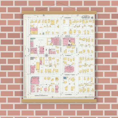 Old map wall art mockup — magnetic wood frame on brick wall — Sanborn Fire Insurance Map from Bloomington, McLean County, Illinois (1901), Sheet #0006