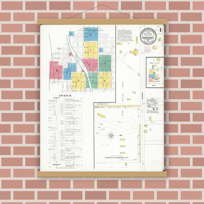 Old map wall art mockup — magnetic wood frame on brick wall — Sanborn Fire Insurance Map from Independence, Buchanan County, Iowa (1905) â€” Complete Set