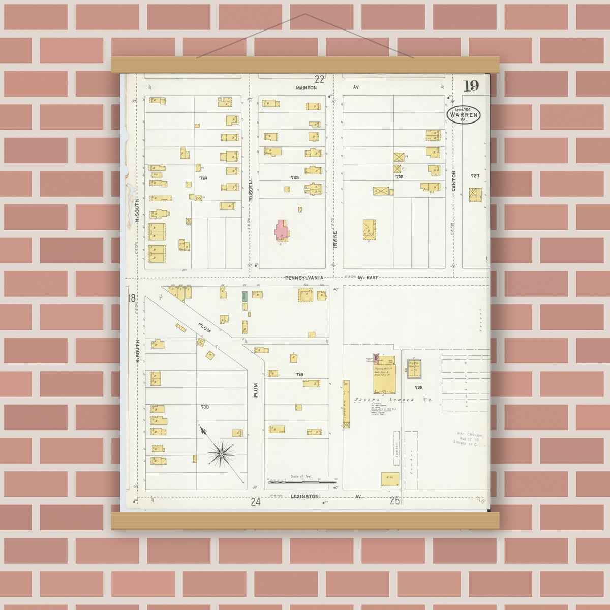 Old map wall art mockup — magnetic wood frame on brick wall — Sanborn Fire Insurance Map from Warren, Warren County, Pennsylvania (1904), Sheet #0019