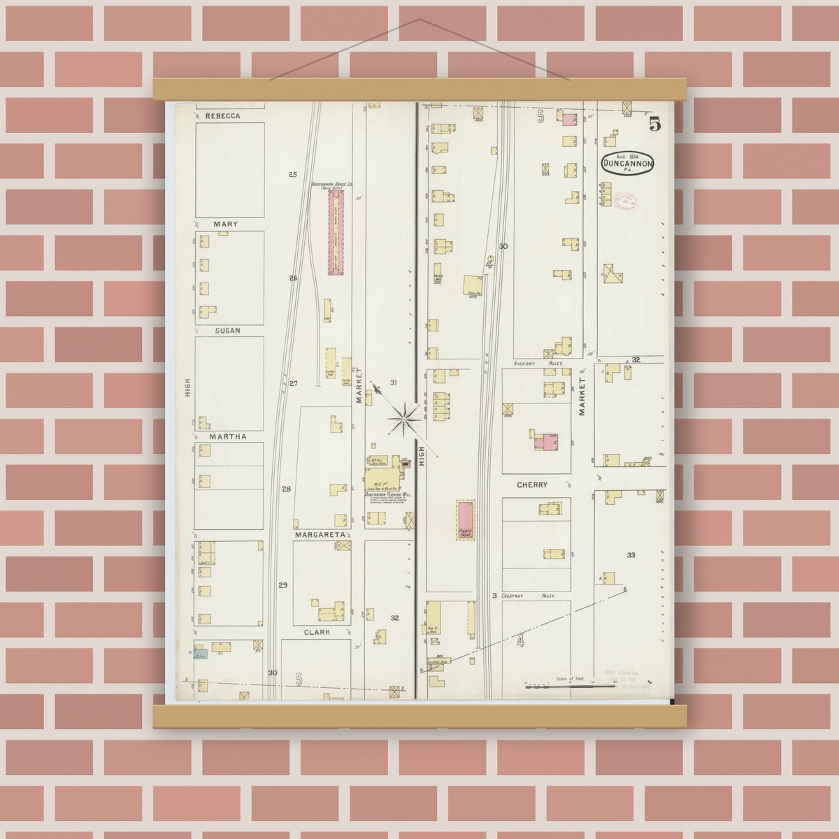 Old map wall art mockup — magnetic wood frame on brick wall — Sanborn Fire Insurance Map from Duncannon, Perry County, Pennsylvania (1894), Sheet #0005