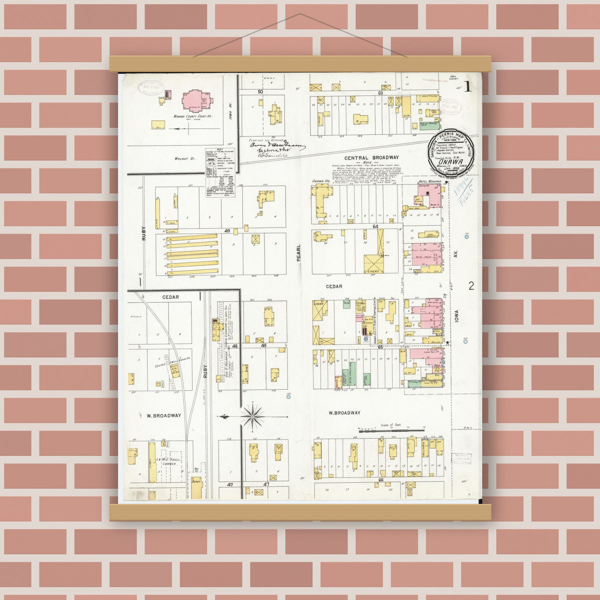 Old map wall art mockup — magnetic wood frame on brick wall — Sanborn Fire Insurance Map from Onawa, Monona County, Iowa (1899) â€” Complete Set