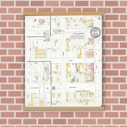 Old map wall art mockup — magnetic wood frame on brick wall — Sanborn Fire Insurance Map from Onawa, Monona County, Iowa (1899) â€” Complete Set