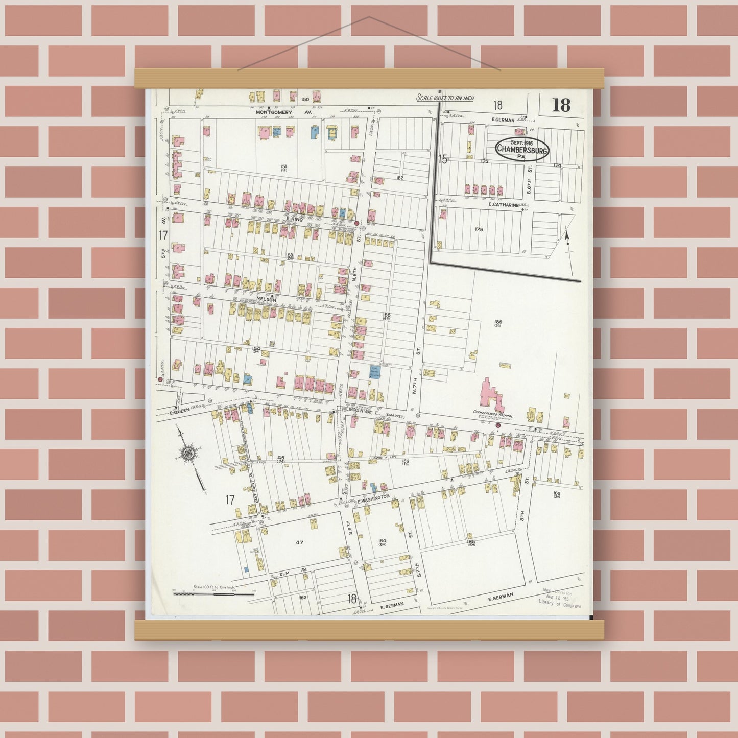 Old map wall art mockup — magnetic wood frame on brick wall — Sanborn Fire Insurance Map from Chambersburg, Franklin County, Pennsylvania (1916), Sheet #0018