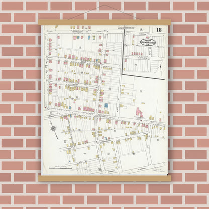 Old map wall art mockup — magnetic wood frame on brick wall — Sanborn Fire Insurance Map from Chambersburg, Franklin County, Pennsylvania (1916), Sheet #0018