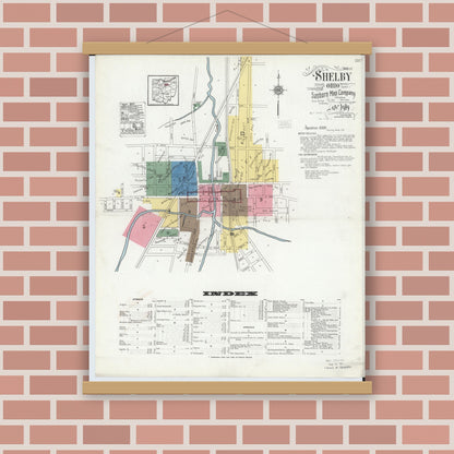 Old map wall art mockup — magnetic wood frame on brick wall — Sanborn Fire Insurance Map from Shelby, Richland County, Ohio (1919) - Complete Map Set