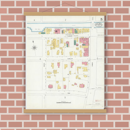 Old map wall art mockup — magnetic wood frame on brick wall — Sanborn Fire Insurance Map from Newark, Wayne County, New York (1906), Sheet #0005