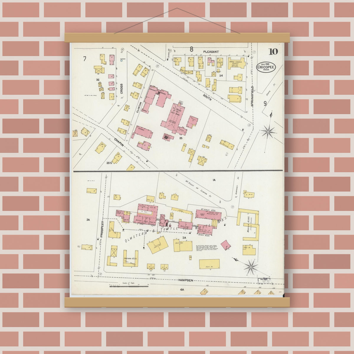 Old map wall art mockup — magnetic wood frame on brick wall — Sanborn Fire Insurance Map from Chicopee, Hampden County, Massachusetts (1902), Sheet #0010