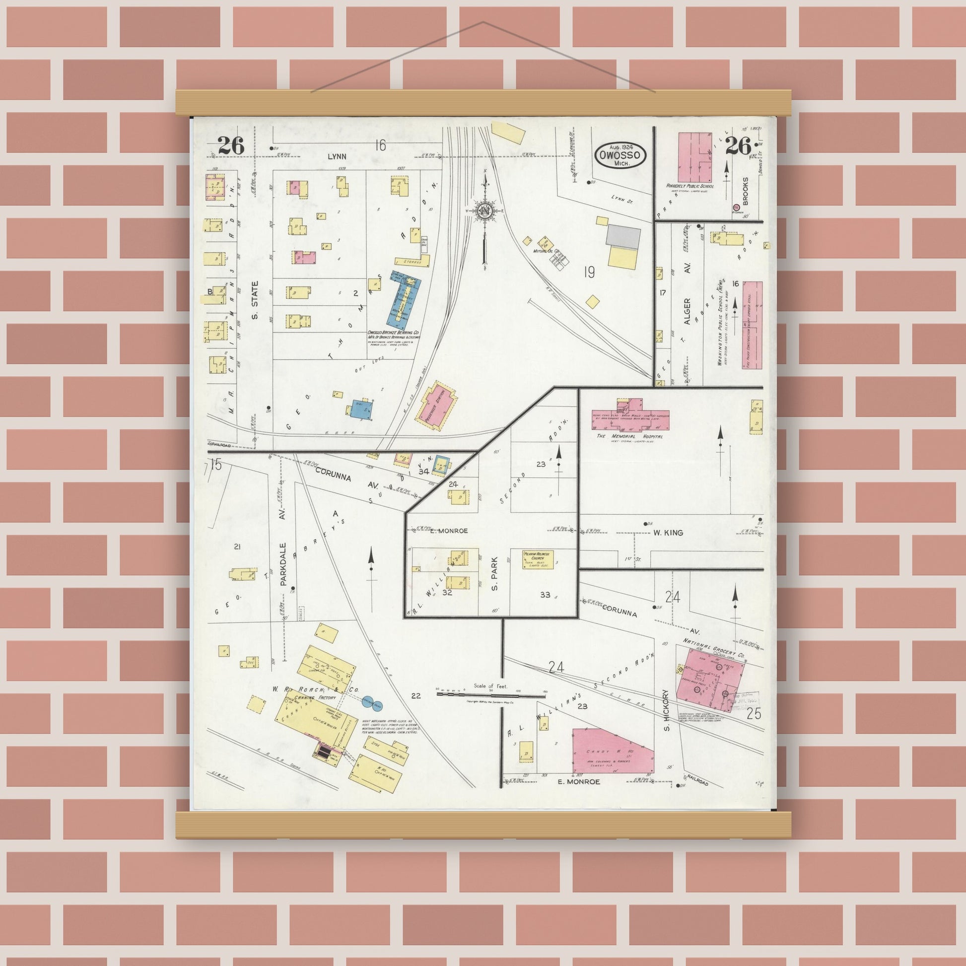 Old map wall art mockup — magnetic wood frame on brick wall — Sanborn Fire Insurance Map from Owosso, Shiawassee County, Michigan (1924), Sheet #0026