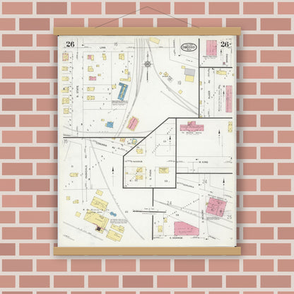 Old map wall art mockup — magnetic wood frame on brick wall — Sanborn Fire Insurance Map from Owosso, Shiawassee County, Michigan (1924), Sheet #0026