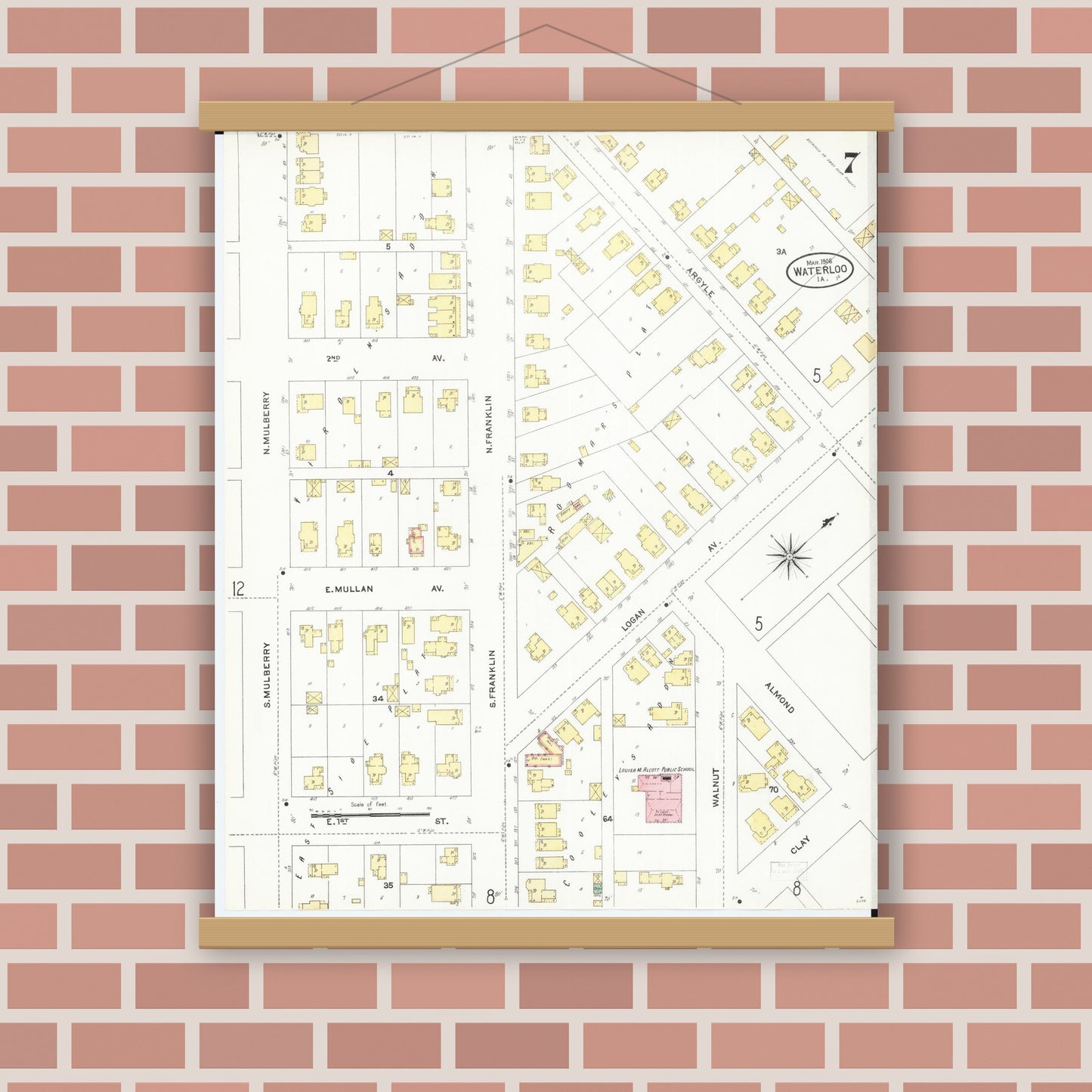 Old map wall art mockup — magnetic wood frame on brick wall — Sanborn Fire Insurance Map from Waterloo, Black Hawk County, Iowa (1906), Sheet #0007