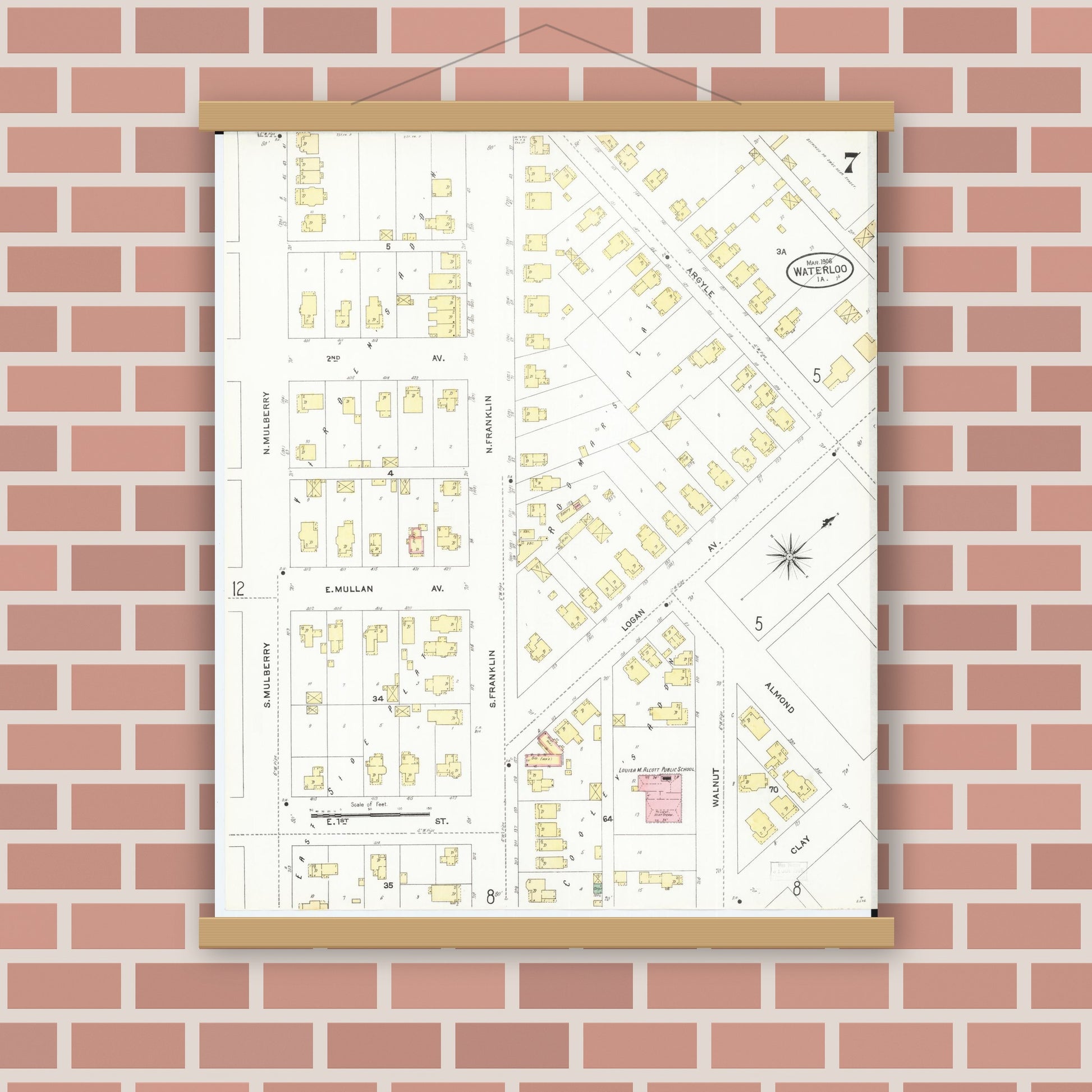 Old map wall art mockup — magnetic wood frame on brick wall — Sanborn Fire Insurance Map from Waterloo, Black Hawk County, Iowa (1906), Sheet #0007