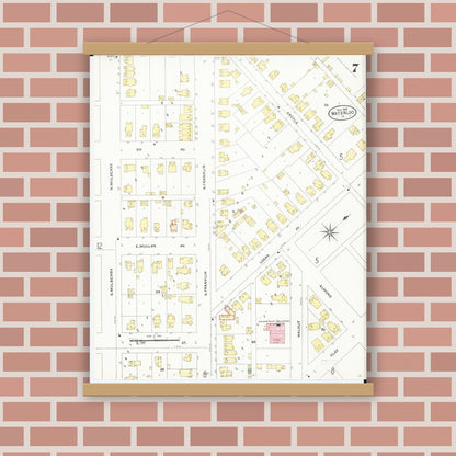 Old map wall art mockup — magnetic wood frame on brick wall — Sanborn Fire Insurance Map from Waterloo, Black Hawk County, Iowa (1906), Sheet #0007